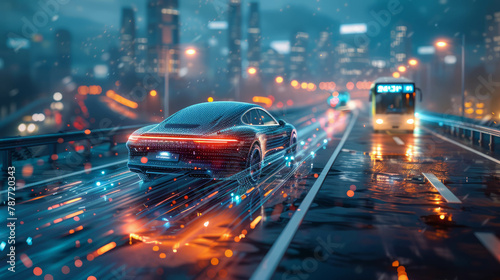 Discover the revolution of autonomous vehicles in this dynamic image featuring a futuristic car on a smart road, surrounded by a modern cityscape . AI generative.