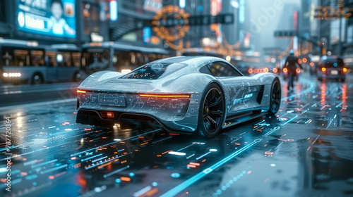 Experience the future of transportation with a sleek autonomous vehicle navigating a smart road amidst a futuristic cityscape and its potential impact on urban environments. AI generative.