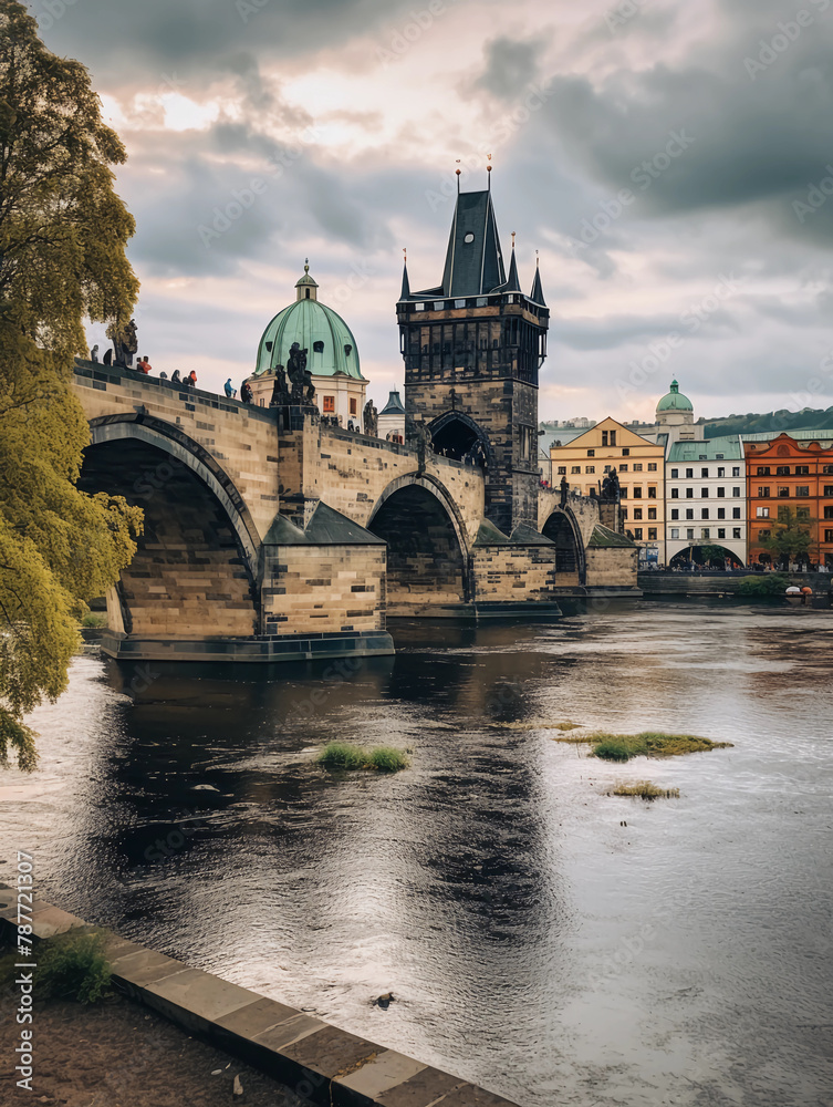 Prague, Charles Bridge, view from the river side, realistic photo, cloudy day, green trees in front of buildings, gray sky