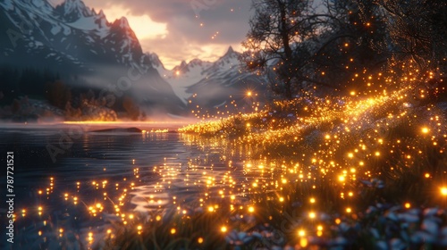 fireflies on a mountain lake at sunset