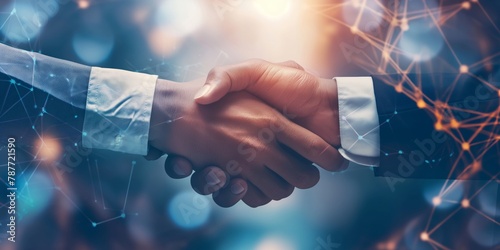 This image symbolizes a business agreement with two people shaking hands with a digital network overlay representing connectivity