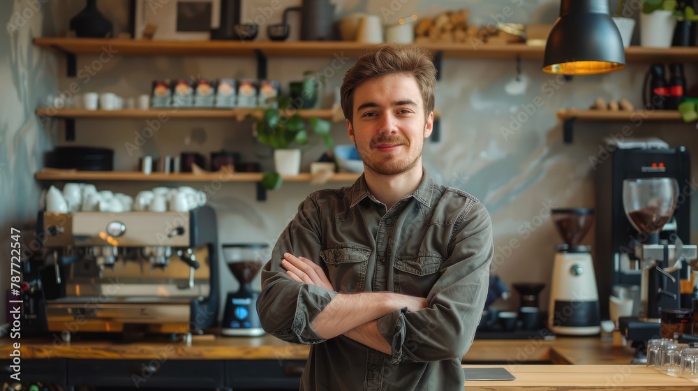 Startup successful sme small business owner caucasian man stand in his coffee shop or restaurant. Portrait of young smile caucasian man successful barista cafe owner concept Startup successful sme small business owner caucasian man stand in his coffee shop or restaurant. Portrait of young smile caucasian man successful barista cafe owner concept