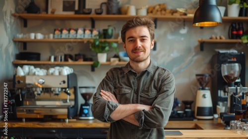 Startup successful sme small business owner caucasian man stand in his coffee shop or restaurant. Portrait of young smile caucasian man successful barista cafe owner concept