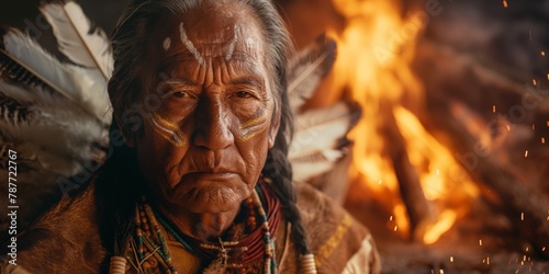 Image depicts a traditional native individual in ceremonial attire by a vivid campfire, with a strong cultural and historical significance