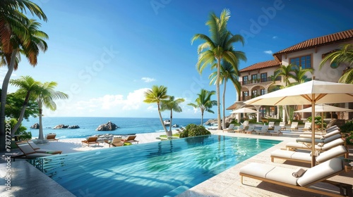 Stunning beachfront resort with pool  sunbeds  and palm trees on a warm  sunny day