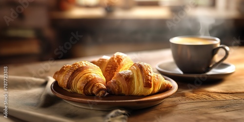 Cozy breakfast scene with fresh golden croissants and steaming coffee cup on wooden table with warm light photo