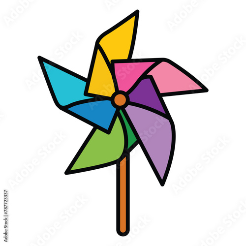 Realistic vacation travel symbol, fun play toy concept, 3d rainbow color wind mill toy. Cartoon baby toy game, cute sea beach icon set flat sign