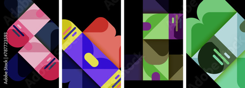 A vibrant collage showcasing four geometric shapes in vibrant shades of purple and magenta on a dark background, creating a visually striking and colorful artwork