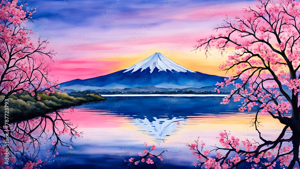 Sakura and Mount Fuji, Japanese Snowy Mountain Scenery, Sakura