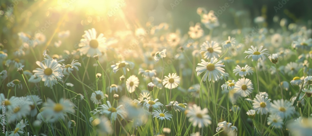 Grassy field with chamomile flowers, featuring a sunny spring or summer landscape adorned with white daisies in the sunlight, creating a blurred effect.