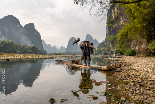 Chinese man fishing with cormorants birds, Yangshuo, Guangxi region photo
