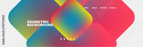 Vibrant geometric pattern featuring colorful squares and circles on a white background, with electric blue, magenta, and sky blue hues creating a symmetrical and eyecatching design