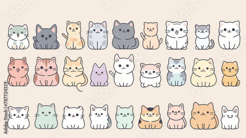 Playful grid of adorable kawaii-style cat illustrations with various colors and expressions