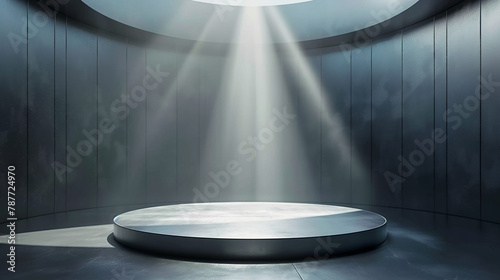 Silver circular podium in a futuristic style, illuminated in the style of bright light rays and surrounded with metallic wall panels for product presentation or advertising purposes