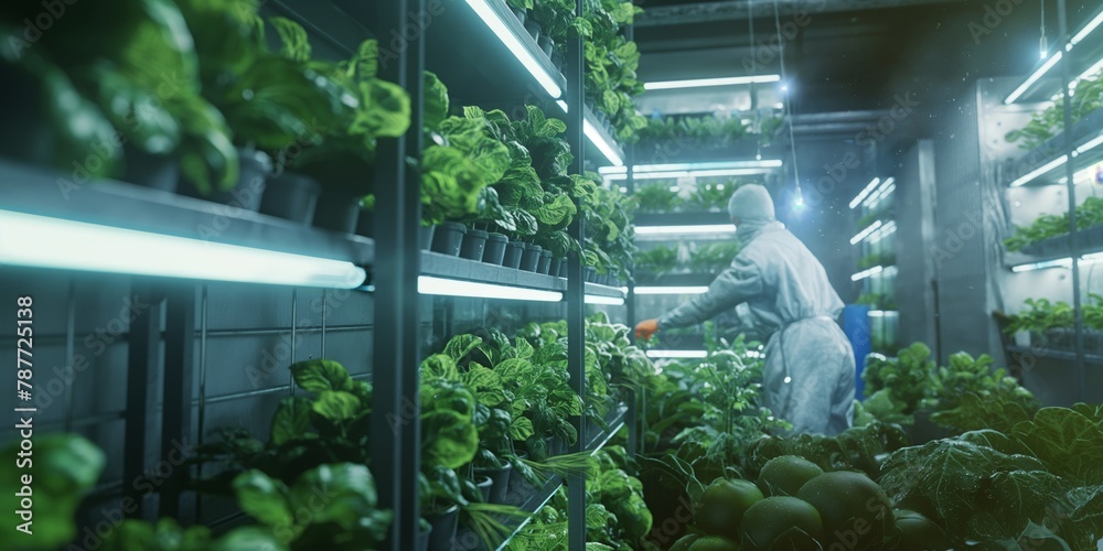 A modern indoor vertical farm with a scientist carefully inspecting the lush green produce under artificial lighting