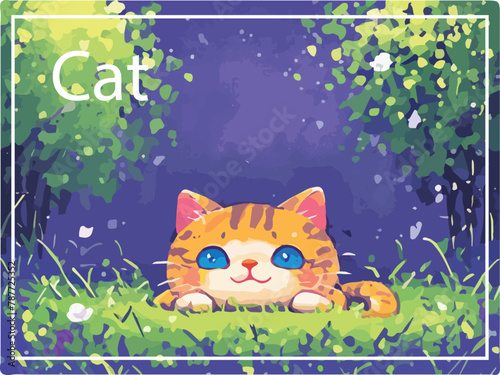 A colorful illustration of a cartoon cat with large blue eyes and orange striped fur peeking out from lush green grass, with the word 