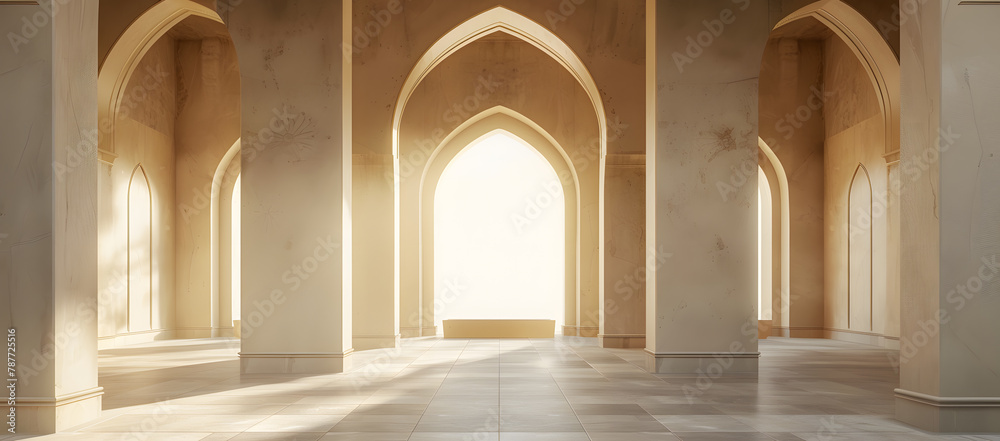 Ornate Interior of a mosque with warm sunlight streams through the columns.