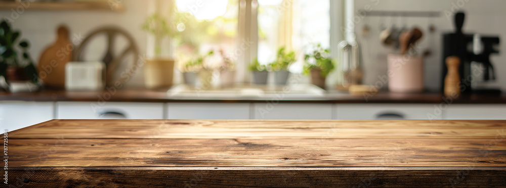 Empty wooden table or counter top with blurred kitchen background for product display presentation mockup, ecommerce and food concept Empty wooden table or counter top with blurred kitchen background for product display presentation mockup, ecommerce and food concept