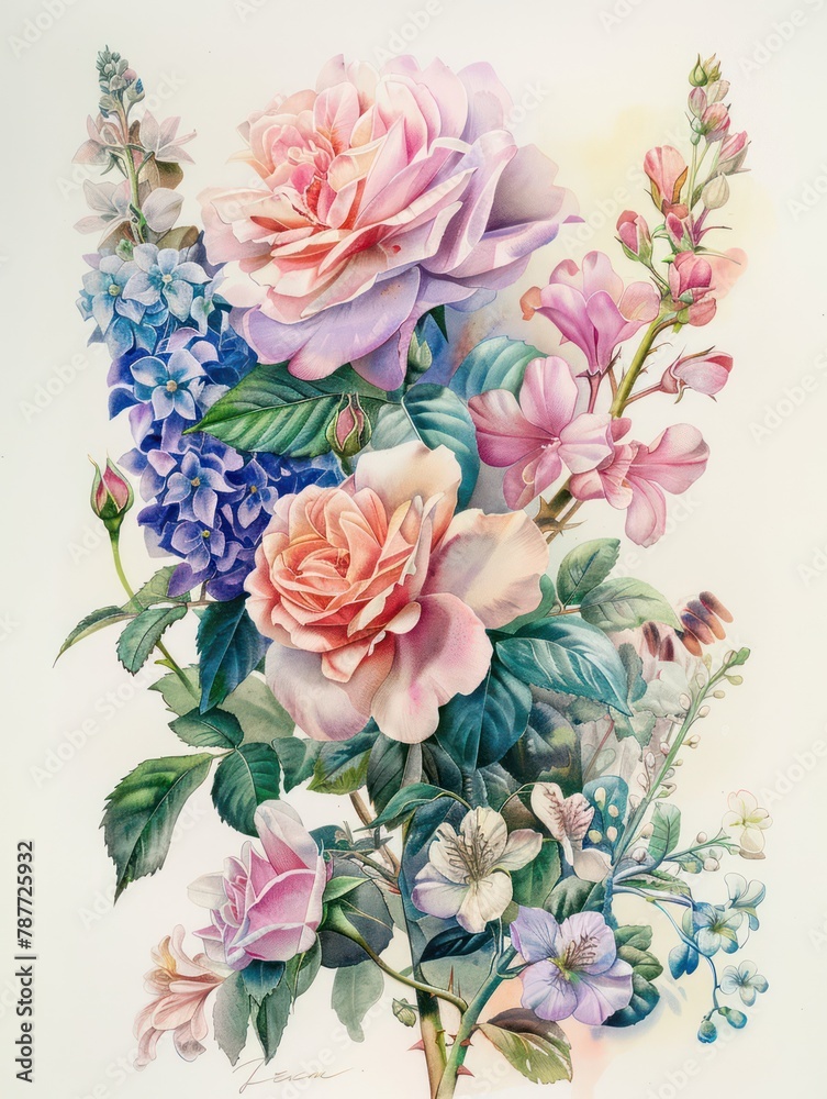 A beautiful and detailed painting of a bouquet with a mix of flowers showcasing vivid colors and intricate details Perfect to bring a touch of nature's beauty indoors