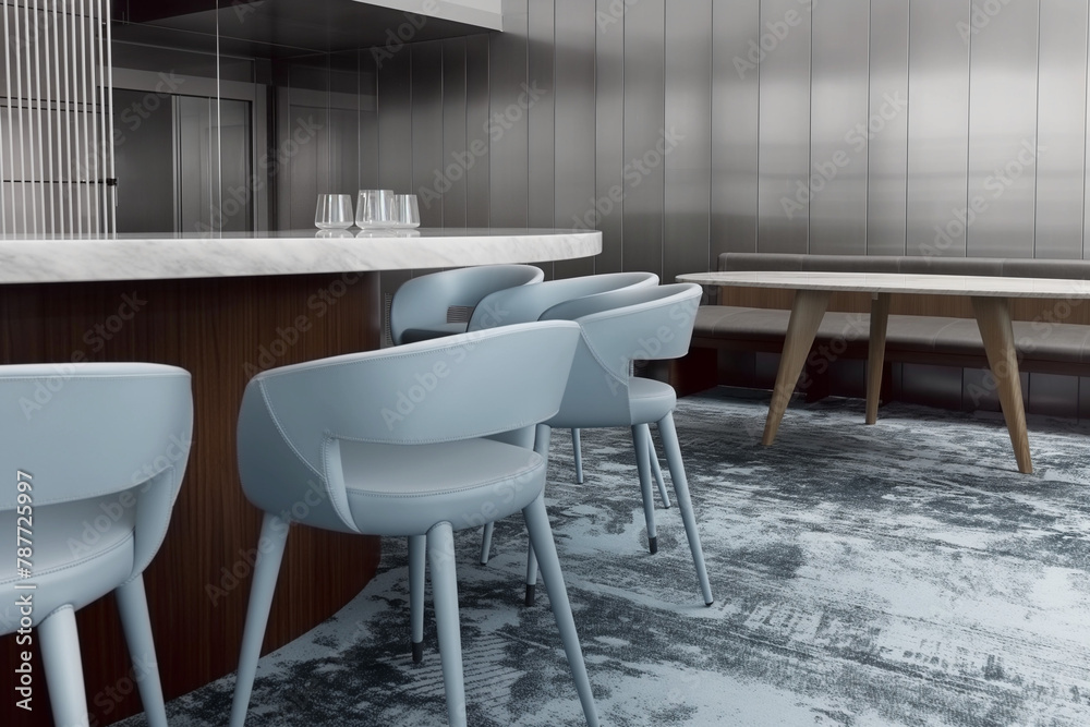 Fototapeta premium Spacious Minimalist Office in a New York City High-rise, Enhanced by a Grey and Blue Palette and Soft Natural Light