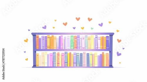 A charming illustration showcasing a vibrant bookshelf filled with books, accented with whimsical hearts floating above
