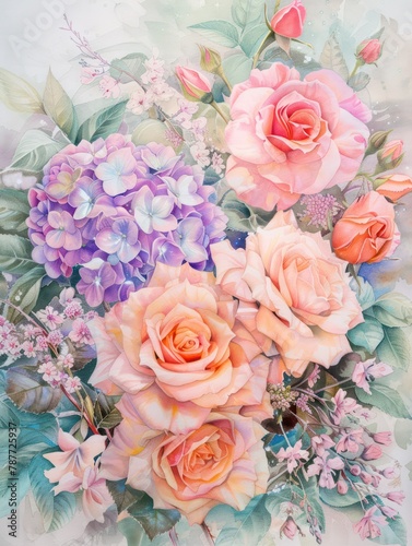 Vibrant floral painting with roses and hydrangeas