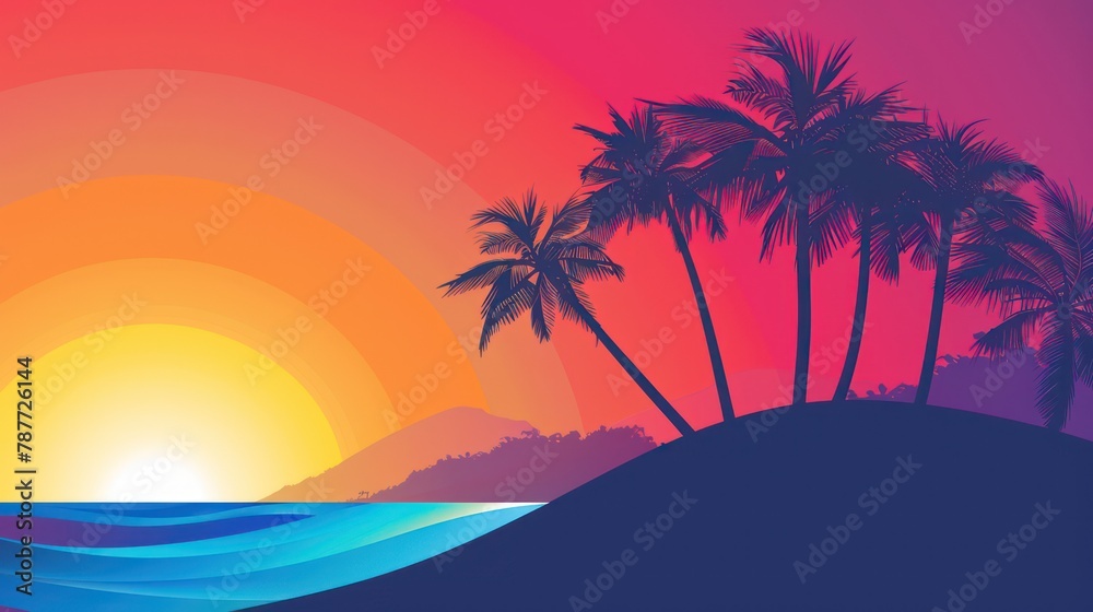 Vibrant tropical sunset with palm trees silhouettes