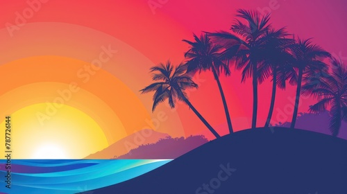 Vibrant tropical sunset with palm trees silhouettes
