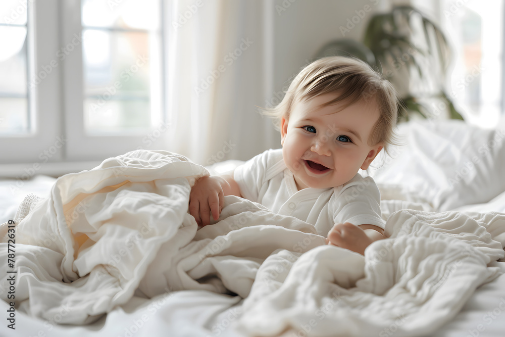 Cute baby laughing crawling on top of a bed, in daylight Cute baby laughing crawling on top of a bed, in daylight