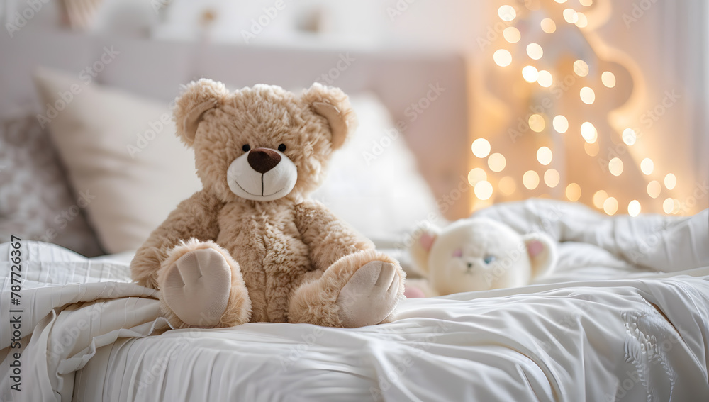 Teddy bear on bed, teddy bear on bed with pillows and lighting background