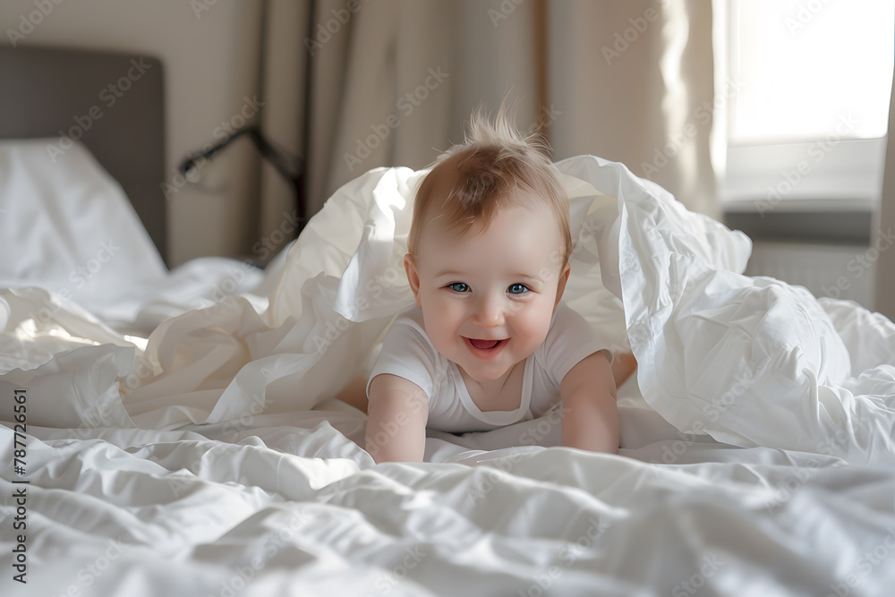 A portrait of an angelic pure kid in the white outfits with a big smile on a face shot in indoor lights on white background. A portrait of an angelic pure kid in the white outfits with a big smile on a face shot in indoor lights on white background.