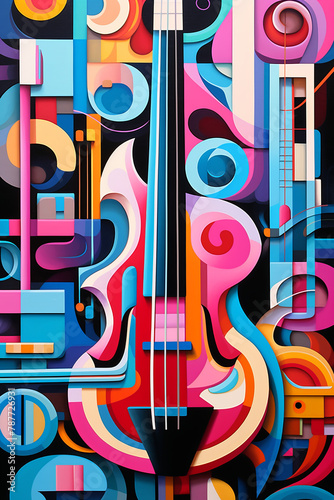 A colorful painting of a guitar with a blue and pink body and a black neck