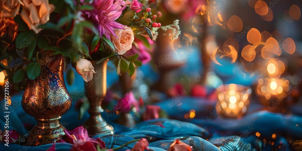 An exquisite floral arrangement in a detailed vase, surrounded by a festive and warm bokeh light effect and roses