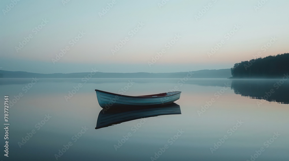 small boat floating on a calm lake during early morning