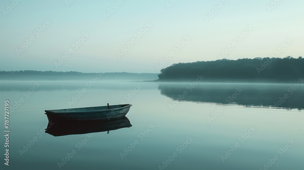 small boat floating on a calm lake during early morning