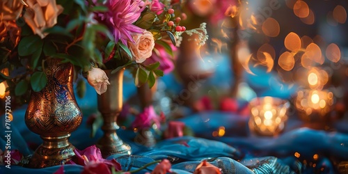 An exquisite floral arrangement in a detailed vase, surrounded by a festive and warm bokeh light effect and roses
