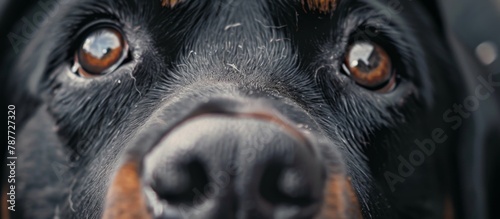 A detailed view of a canine's expressive face, set against a soft focus backdrop photo