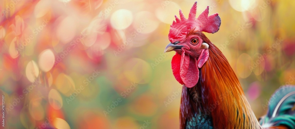 A vibrant rooster with a red comb is standing proudly in a lush green field under the sun