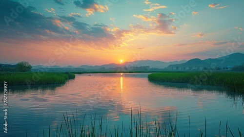 Tranquil sunset over a serene lake landscape