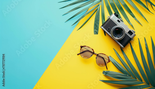 Explore a stylish summer scene with a flat lay composition featuring tropical palm tree leaves, vintage camera, and sunglasses on a trendy yellow and blue background. AI generative.