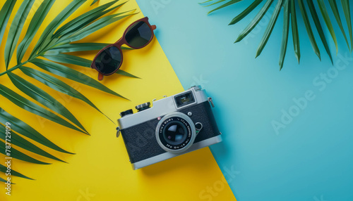 Step into summer vibes with this photorealistic flat lay of tropical palm leaves, vintage camera, and sunglasses on a vibrant yellow and blue backdrop. AI generative.