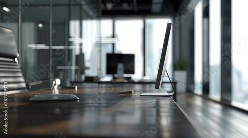 Explore a front view of a minimalistic office with depth of field, showcasing a clean and organized workspace. AI generative.
