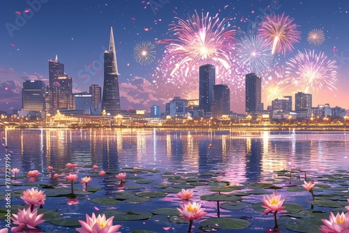 photo city skyline,fireworks bloom in front of it, the focus is on Hunchong Bridge and Lake, with a dark background,  photo