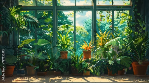 A tranquil indoor garden full of lush greenery basks in sunlight streaming through large glass windows, invoking peace and growth photo
