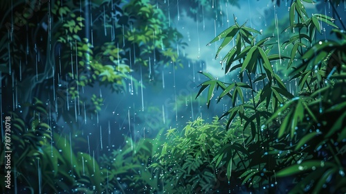 A serene and peaceful illustration of a dense bamboo forest, with rain gently falling through the leaves and creating a calm and soothing ambiance