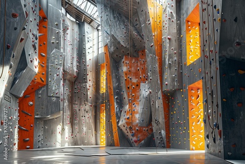 An indoor rock climber climbing on mountain with a big space for text or athletic product advertisement, Generative AI.