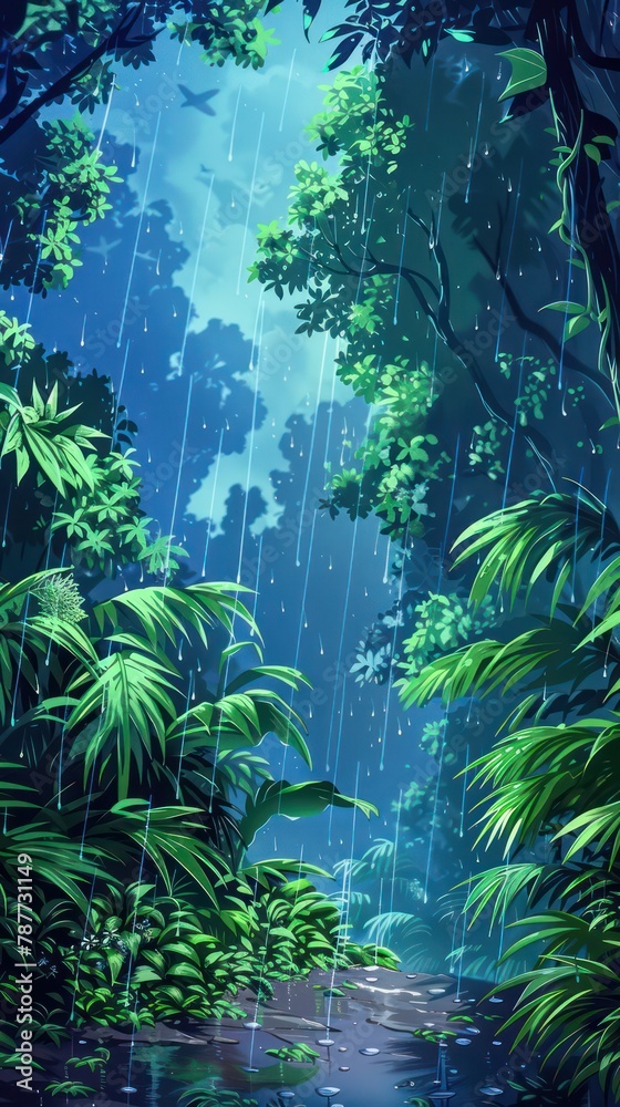 A mesmerizing illustration of a rain shower in a dense, vibrant rainforest, highlighting the beauty and tranquility of nature A mesmerizing illustration of a rain shower in a dense, vibrant rainforest, highlighting the beauty and tranquility of nature