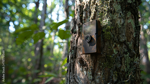 Camouflaged trail camera mounted on a tree in the forest.