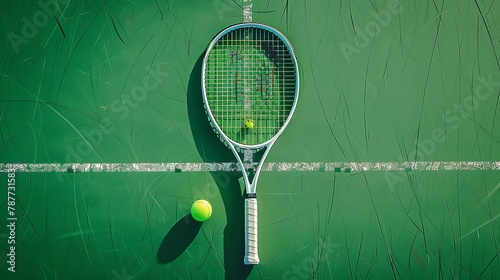 Top view of tennis racket and ball on tennis court with a big space for text or product advertisement a neat and clean surface, Generative AI. © Electro Unicorn