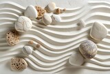 In-depth of an array of a zen garden with white sand and varied stone sizes demonstrating the pattern at the top down and space, Generative AI.